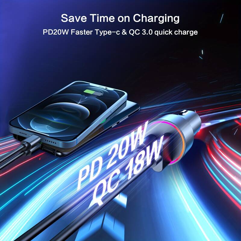 Bluetooth 5.3. Dual USB Charger With Telescopic Cable Cord, Hands-free Calling Wireless Car Adapter, Support PD3.,_voghion.com