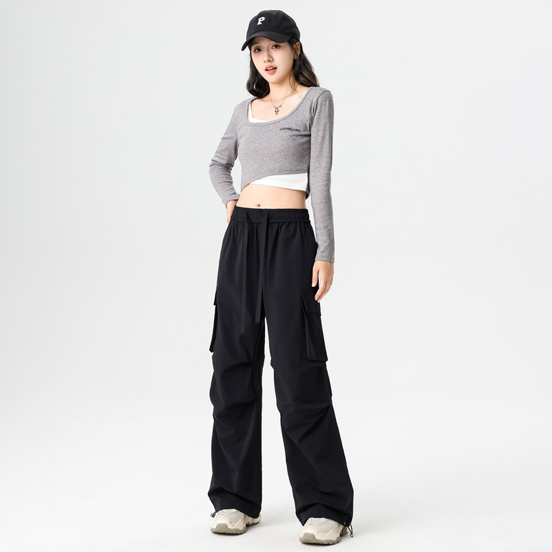 Q work unisex, couple, American straight tube parachute pants, high waist, casual, wide leg, quick drying, sport_voghion.com