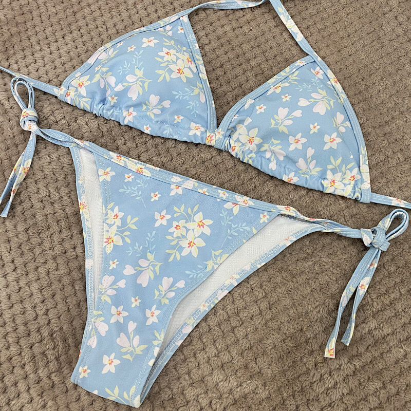 Women's Swimsuit Fashion Silk Star Same Style Seaside Beach Print High Waist Strap Bikini_ecoleips.com