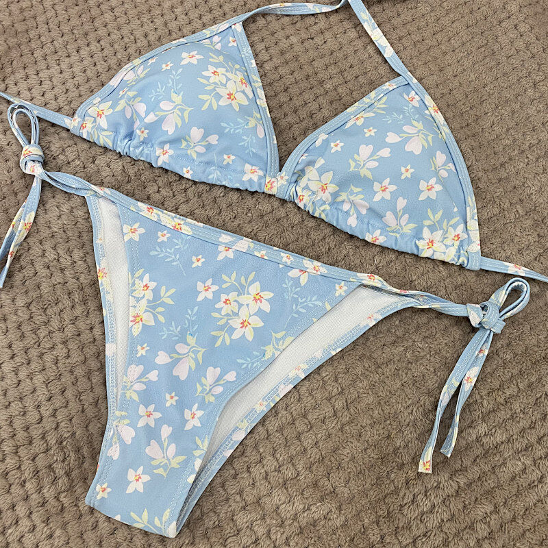 Women's Swimsuit Fashion Silk Star Same Style Seaside Beach Print High Waist Strap Bikini_ecoleips.com