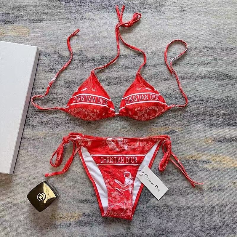 Bikini Set With Monogram Print, Women's High Cut Triangle Swimsuit_voghion.com