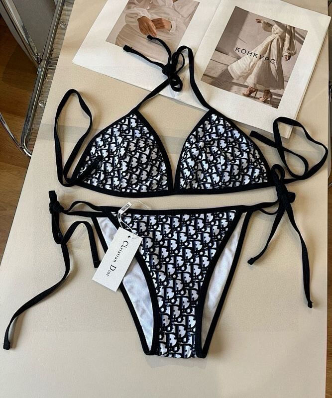 Women Monogram Print Halter Bikini Set High Cut Tie Side Swimsuit_voghion.com