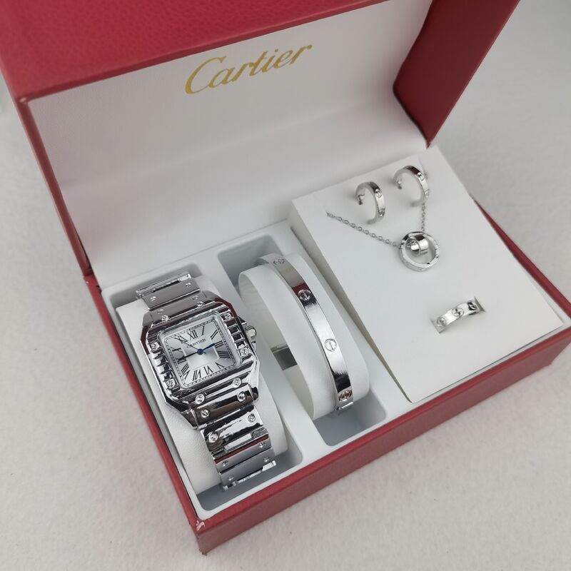 Dames 5-delige sieraden- en horlogeset in goudkleur, vierkante wijzerplaat met Romeinse cijfers, kristallen accenten, elegant cadeau
