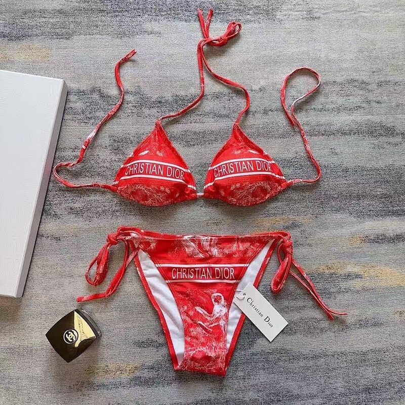 Women Monogram Print Triangle Halter Bikini Set, High Cut Leg Tie Side Two Piece Swimsuit, Stretch Nylon Elastane Swimwear For Beach Pool Vacation_voghion.com