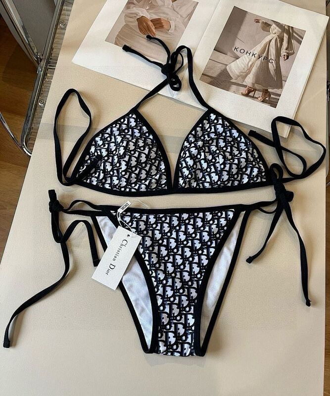 Women Monogram Print Triangle Halter Bikini Set, High Cut Leg Tie Side Two Piece Swimsuit, Stretch Nylon Elastane Swimwear For Beach Pool Vacation_voghion.com